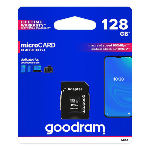 128 GB MICRO SD XC UHS-I CLASS 10 MEMORY CARD, SD-GOODRAM ADAPTER