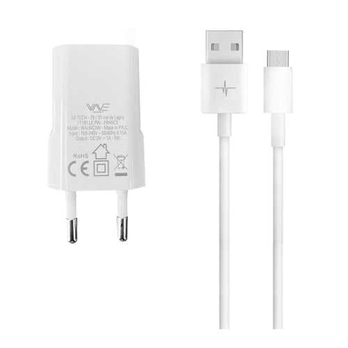 PACK 1 PORT USB 5W MAINS CHARGER + MICRO USB CABLE, WHITE-WAVE