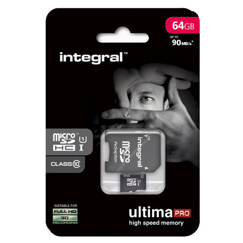 CARTE MICRO SDHC 64GB INTEGRAL AVEC ADAPTATEUR CLASS 10 JUSQU'A  90MB/S