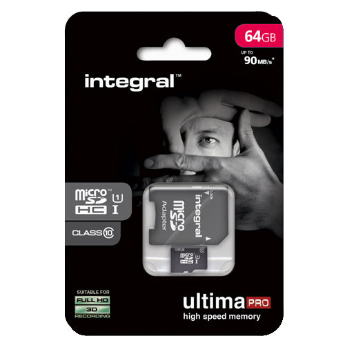 INTEGRAL 64GB MICRO SDHC CARD WITH CLASS 10 ADAPTER UP TO 90MB/S