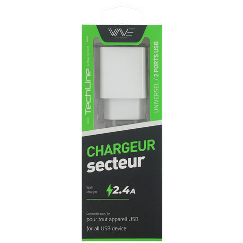 CHARGEUR SECTEUR TECH LINE 2 PORT USB 2,4A, BLANC-WAVE