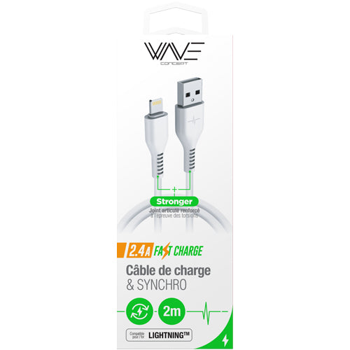 CABLE USB LIGHTNING 2.4A, CHARGE RAPIDE 23, BLANC-WAVE