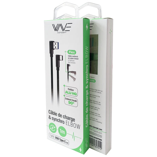 ELBOW USB CABLE LYLON &amp; ALU FINISH, TYPE C 1M, BLACK-WAVE