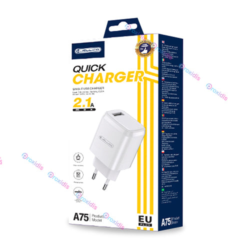 CHARGEUR SECTEUR A75 2.1A 1 PORT  AVEC CABLE USB LIGHTNING-JELLICO