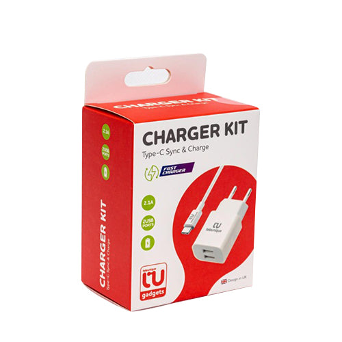 MAINS CHARGER 2 USB PORT QUICK CHARGE 2.1A WITH TELEUNIQUE USB TYPE C CABLE