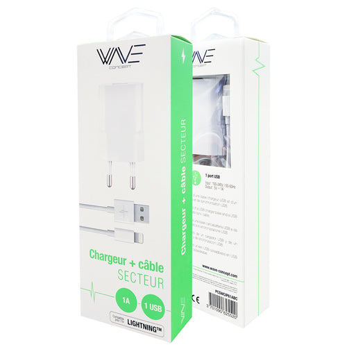 PACK CHARGEUR SECTEUR 5W + CABLE LIGHTNING BLANC