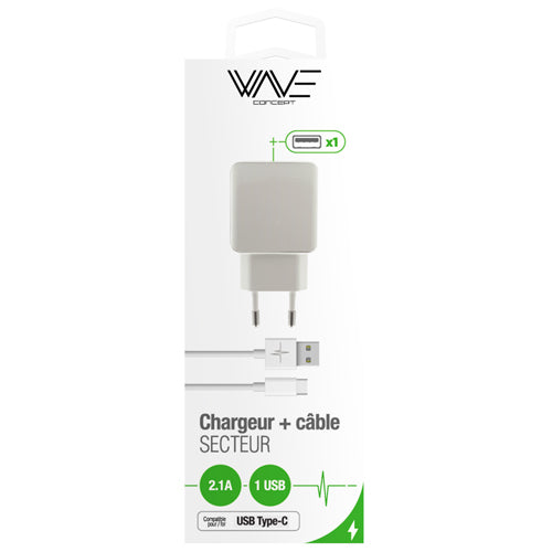 MAINS CHARGER PACK 1 2.1A USB PORT + TYPE-C 2.0 CABLE, WHITE-WAVE