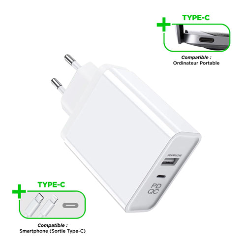 MAINS CHARGER 1 PORT USB, 1 PORT USB-C, 5V-45W, 2.4A, QUICK CHARGE, WHITE-WAVE