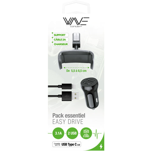 PACK EASY DRIVE , SUPPORT TELEPHONE VOITURE, CABLE USB TYPE-C , CHARGEUR VOITURE 3.4A, NOIR-WAVE