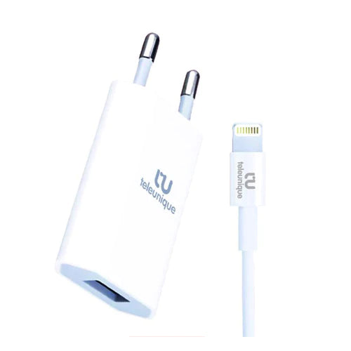 1 PORT USB 1A MAINS CHARGER WITH LIGHTNING TELEUNIQUE USB CABLE