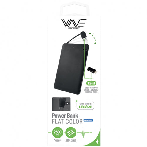 POWER BANK 2500MAH AVEC CABLE MICRO USB INTEGRE ET CONNECTEUR LIGHTNING, NOIR-WAVE