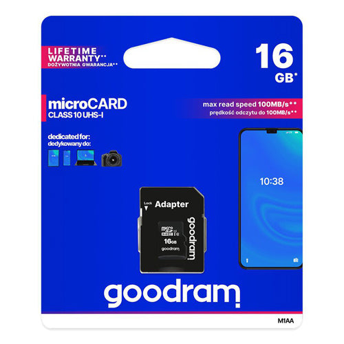 16 GB MICRO SD HC UHS-I CLASS 10 MEMORY CARD, SD-GOODRAM ADAPTER