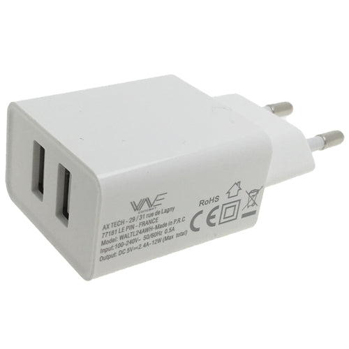 TECH LINE MAINS CHARGER 2 USB PORT 2.4A, WHITE-WAVE