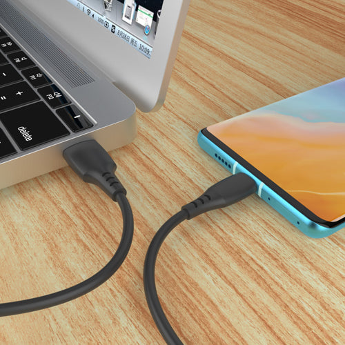 SILICONE USB CABLE, QUICK CHARGE TYPE-C 2.4A 1M, BLACK-WAVE