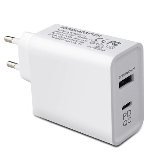 MAINS CHARGER 1 PORT USB, 1 PORT USB-C, 5V-45W, 2.4A, QUICK CHARGE, WHITE-WAVE