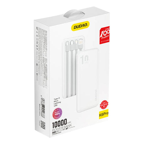 DUDAO K6PRO UNIVERSAL EXTERNAL BATTERY 10000MAH WITH USB CABLE, USB TYPE-C, LIGHTNING K6PRO-WHITE