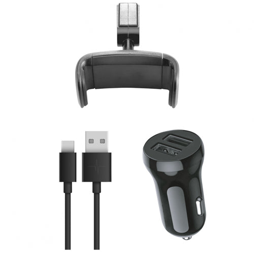 PACK EASY DRIVE , SUPPORT TELEPHONE VOITURE, CABLE USB TYPE-C , CHARGEUR VOITURE 3.4A, NOIR-WAVE