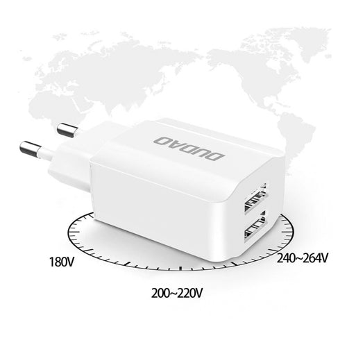 EU MAINS CHARGER 2X USB 5V / 2.4A WITH USB TYPE C CABLE WHITE A2EU-DUDAO