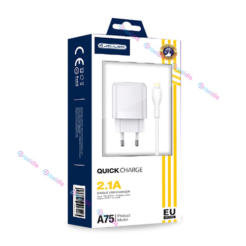 CHARGEUR SECTEUR A75 2.1A 1 PORT  AVEC CABLE USB LIGHTNING-JELLICO