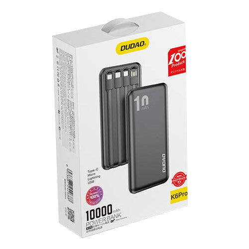 DUDAO K6PRO UNIVERSAL EXTERNAL BATTERY 10000MAH WITH USB CABLE, USB TYPE-C, LIGHTNING K6PRO-BLACK