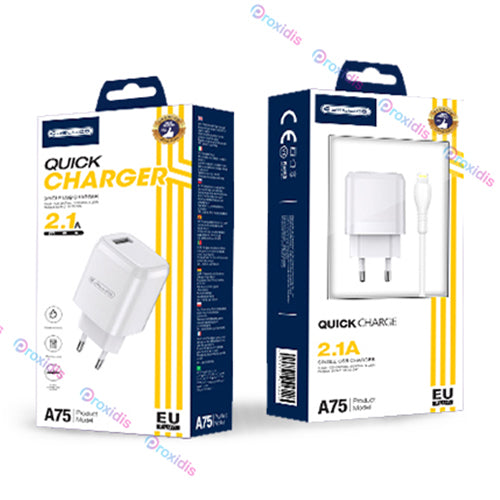CHARGEUR SECTEUR A75 2.1A 1 PORT  AVEC CABLE USB LIGHTNING-JELLICO