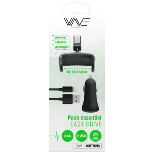 PACK EASY DRIVE , SUPPORT TELEPHONE VOITURE, CABLE USB LIGHTNING , CHARGEUR VOITURE 3.4A, NOIR-WAVE