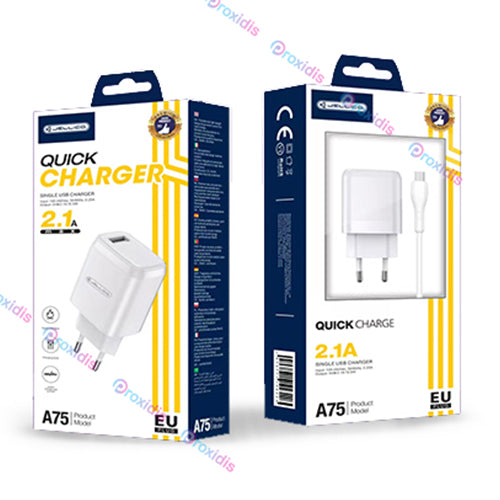 A75 2.1A 1 PORT MAINS CHARGER WITH TYPE C-JELLICO USB CABLE