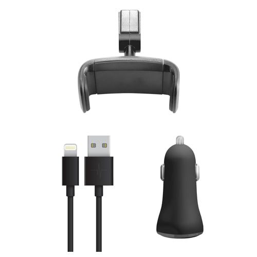 PACK EASY DRIVE , SUPPORT TELEPHONE VOITURE, CABLE USB LIGHTNING , CHARGEUR VOITURE 3.4A, NOIR-WAVE