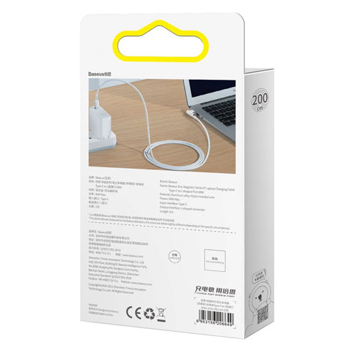 CÂBLE D'ALIMENTATION MAGNÉTIQUE ANGULAIRE BASEUS ZINC POUR MACBOOK POWER - USB TYPE-C 60W 2M BLANC EN L CATXC-W02