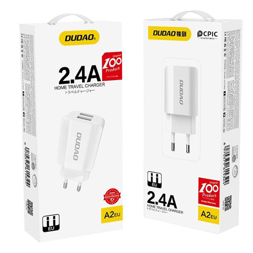 EU MAINS CHARGER 2X USB 5V / 2.4A A2EU WHITE-DUDAO