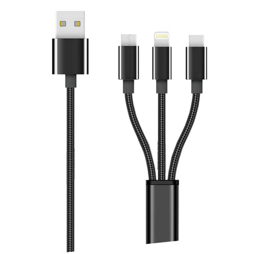 TECH LINE 3 IN 1 USB CABLE, MICRO USB, LIGHTNING, TYPE-C, BLACK-WAVE