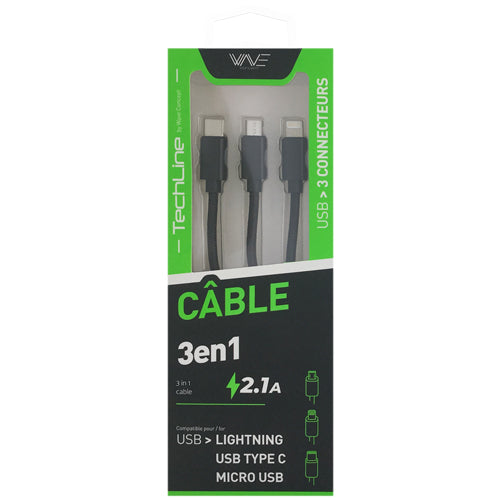 TECH LINE 3 IN 1 USB CABLE, MICRO USB, LIGHTNING, TYPE-C, BLACK-WAVE