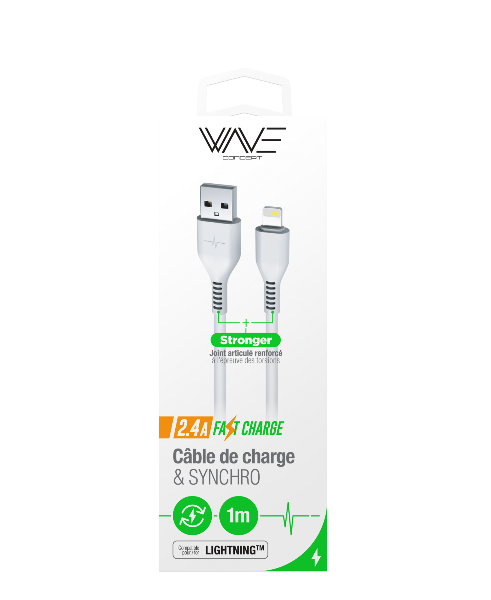 DATA FAST CHARGE CABLE 2.4A LIGHTNING - 1M WHITE