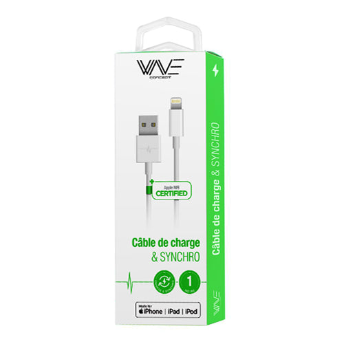 CABLE USB LIGHTNING CERTIFIE MFI, BLANC-WAVE