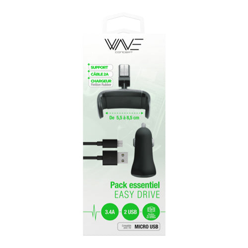 PACK EASY DRIVE , SUPPORT TELEPHONE VOITURE, CABLE MICRO USB , CHARGEUR VOITURE 3.4A, NOIR-WAVE