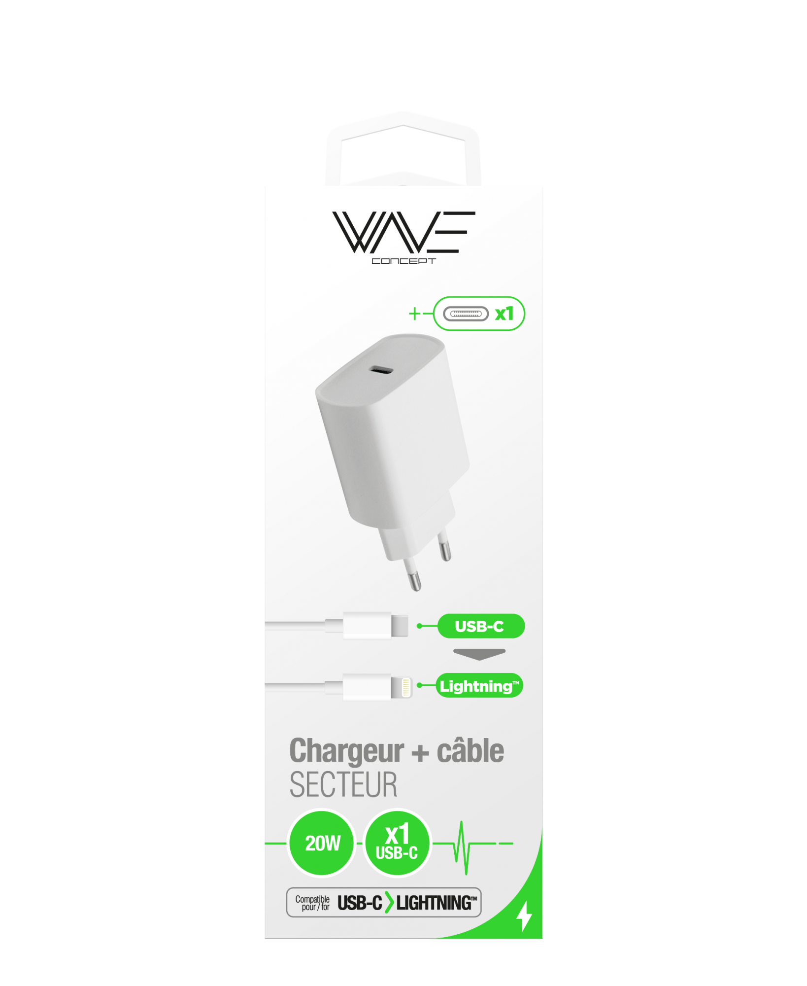 PACK CHARGEUR SECTEUR PORT USB-C 20W + CABLE USB-C VERS LIGHTNING BLANC