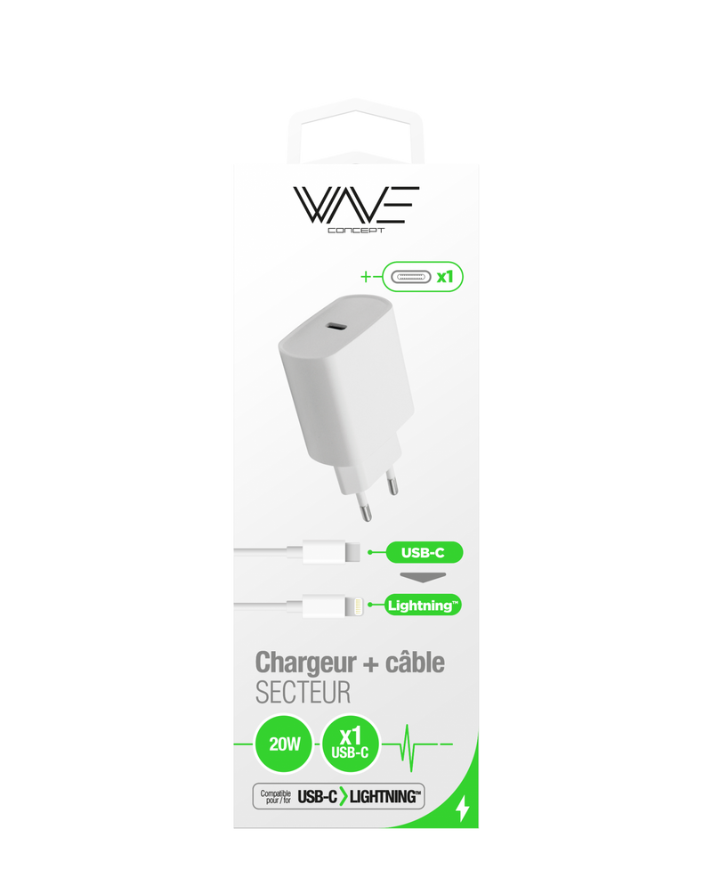 PACK 20W USB-C PORT MAINS CHARGER + USB-C TO LIGHTNING CABLE WHITE