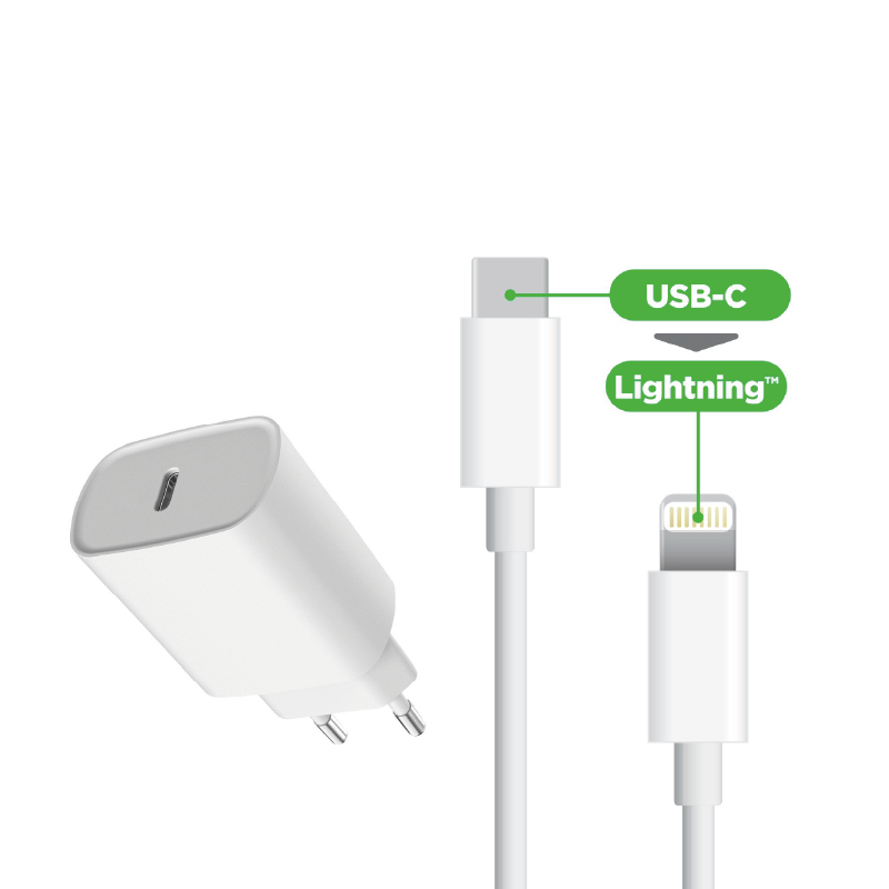 PACK CHARGEUR SECTEUR PORT USB-C 20W + CABLE USB-C VERS LIGHTNING BLANC