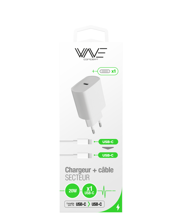 20W USB-C PORT MAINS CHARGER PACK + WHITE USB-C TO USB-C CABLE
