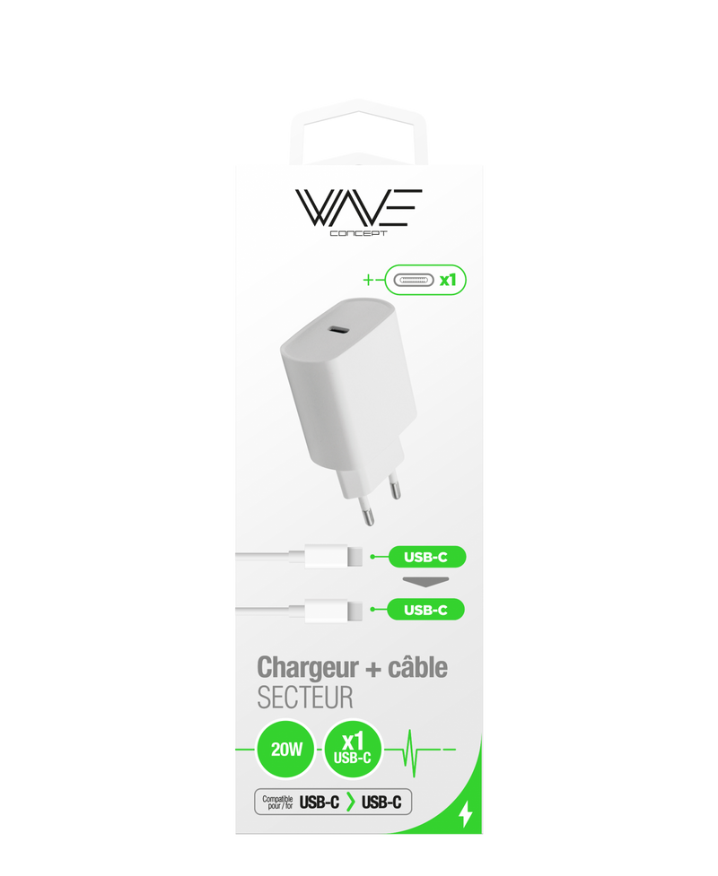 20W USB-C PORT MAINS CHARGER PACK + WHITE USB-C TO USB-C CABLE
