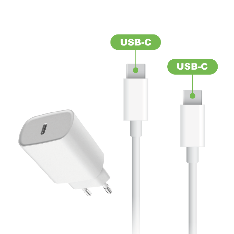 20W USB-C PORT MAINS CHARGER PACK + WHITE USB-C TO USB-C CABLE